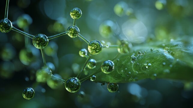 Molecular structure glowing on a fresh green leaf with morning dew, botanical science concept, nature inspired scientific research, blurred natural background with copy space for biotechnology, enviro