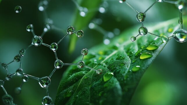 Molecular structure glowing on a fresh green leaf with morning dew, botanical science concept, nature inspired scientific research, blurred natural background with copy space for biotechnology, enviro