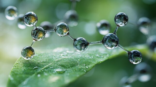 Molecular structure glowing on a fresh green leaf with morning dew, botanical science concept, nature inspired scientific research, blurred natural background with copy space for biotechnology, enviro