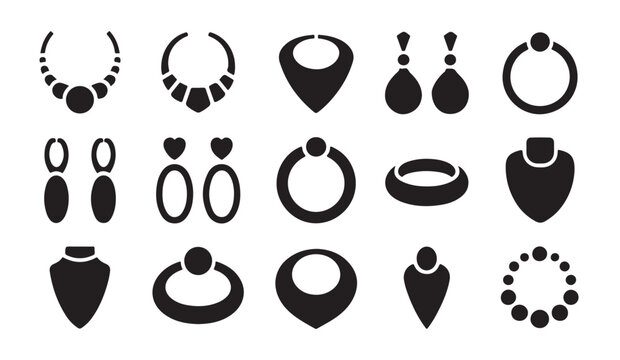 Fashion jewelry icons set featuring modern necklaces and earrings silhouettes for stylish lifestyle branding.