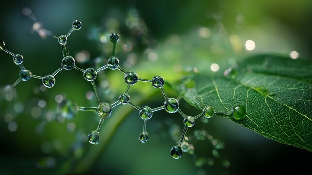 Molecular structure glowing on a fresh green leaf with morning dew, botanical science concept, nature inspired scientific research, blurred natural background with copy space for biotechnology, enviro