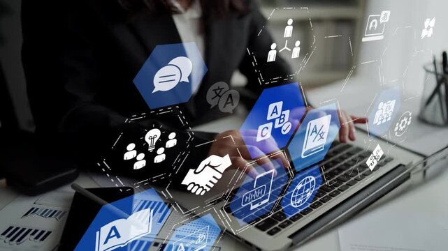 Translation icons show international languages, interpretation, and communication. Translation helps global business, translation supports learning, and translation improves cultural exchange. Funnel