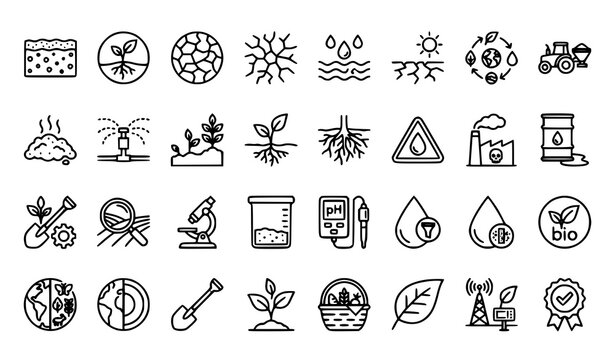 Sustainable agriculture and soil science line icon set featuring linear outline symbols for eco farming agronomy research laboratory testing and organic crop management