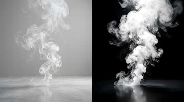 Swirling Smoke Forms: Dynamic plumes of white smoke rise and twist, captured against both a light and dark background, showcasing the ethereal beauty of this ephemeral substance.