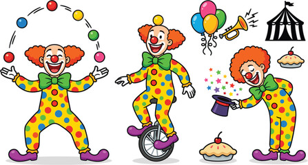 Circus clown character vector set with performer juggling balls riding unicycle doing magic tricks and circus tent graphics. © Dulal creation 