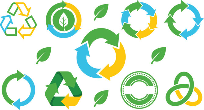 Recycling symbol vector icon set with green blue yellow circular arrows mobius loop and leaf elements for ecology design.