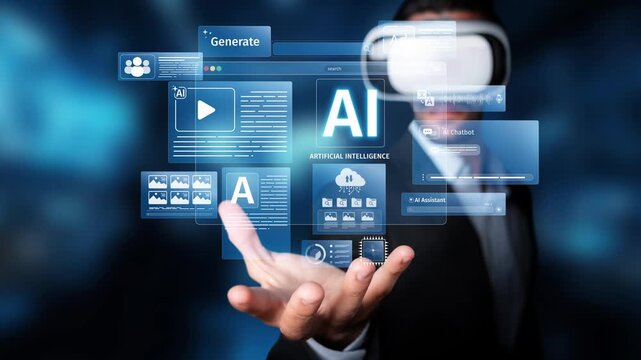 A businessman engages with a virtual reality interface, illustrating the intersection of artificial intelligence and innovative technology in modern work settings. Raster