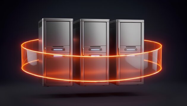 3D illustration of a premium server firewall concept with three brushed metal server racks protected by a glowing neon orange energy wall