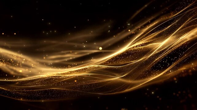 Abstract Golden Glowing Light Waves with Sparkling Particles on Dark Background