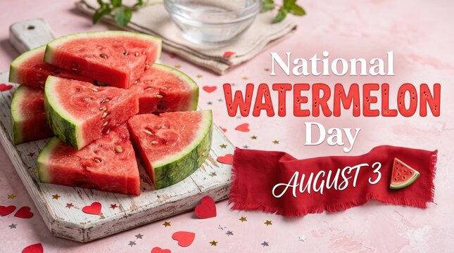 National Watermelon Day August 3 Banner Concept Featuring Fresh Sliced Watermelon Triangles on Wooden Cutting Board with Red Ribbon and Heart Confetti on Pink Background for Summer Food Celebration Ma