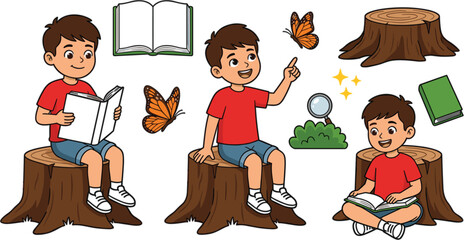 Boy reading book vector set with child sitting on tree stump butterfly magnifying glass and bush design elements.