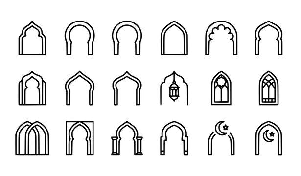 Traditional Islamic Arch and Doorway Line Icon Set with Arabic Gates, Mosque Windows, Crescent Moon, and Ramadan Lantern Architectural Elements for Cultural UI Designs