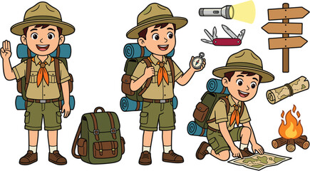 Boy scout character vector set with scout saluting looking at compass map campfire flashlight and pocket knife elements.