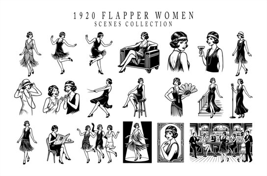 Vintage 1920s flapper women vector illustration set. Retro roaring twenties fashion silhouettes, elegant jazz age ladies dancing, drinking, and chatting in classic art deco sketch style.