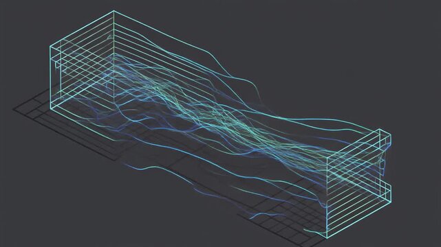 Isometric wireframe visualization of fluid dynamics or airflow simulation within a rectangular structure.