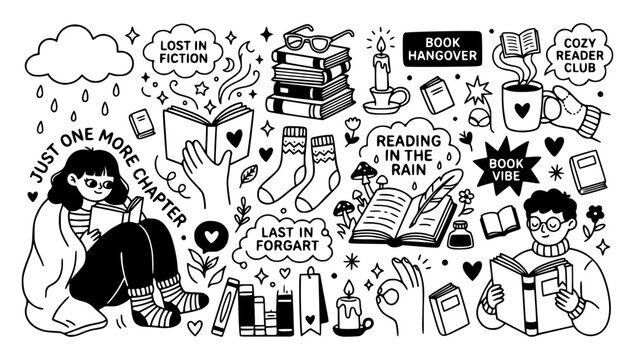 Cozy reader club doodle collection. Minimalist line art vectors of people reading books, stacks of novels with glasses, hot coffee mugs, rainy clouds, cozy socks, candles, and bookworm text.