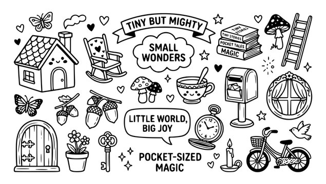 Whimsical cottagecore doodle set featuring tiny house elements, fairy doors, acorns, mushrooms, pocket watch, vintage bicycle, rocking chair, and cozy storybook vector line art illustrations.