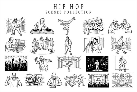 Comprehensive hip hop culture scene collection in vector line art, featuring breakdancers, DJs spinning vinyl, rappers, graffiti artists, music producers, and live street concert elements.
