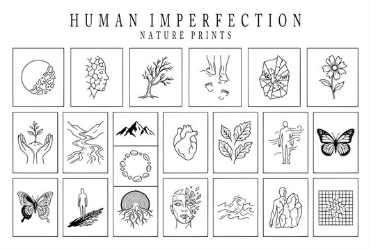 Minimalist line art collection exploring human imperfection and nature themes, featuring botanical prints, abstract faces, butterflies, anatomical hearts, landscapes, and organic art icons.
