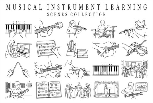 Comprehensive vector line art collection illustrating musical instrument learning scenes, including piano, guitar, violin, drums, flute, music theory sheets, lessons, and practice sessions.