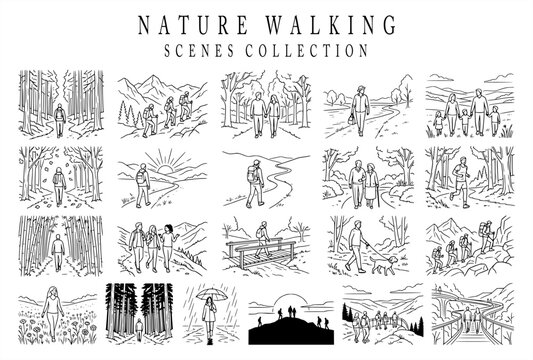 Comprehensive vector line art collection featuring nature walking scenes, hiking trails, forest strolls, outdoor family walks, mountain trekking, and scenic landscape activity illustrations.