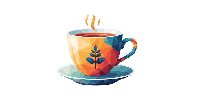 Low poly geometric colorful coffee cup on saucer.