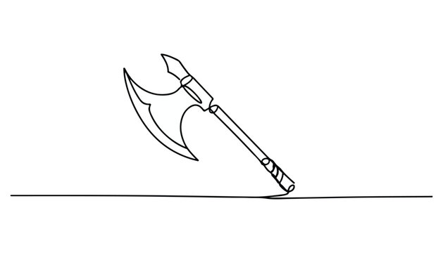One continuous line illustration of an axe , isolated on white background.