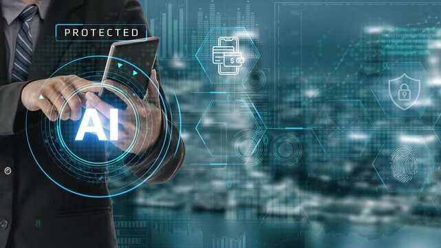 Hands Holding Smartphone Displaying AI Technology with Secure Lock Icons and Digital Background Representing Innovation and Data Protection Concepts. Entropy.