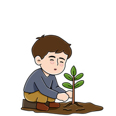 Little boy planting a small tree gardening activity cartoon vector