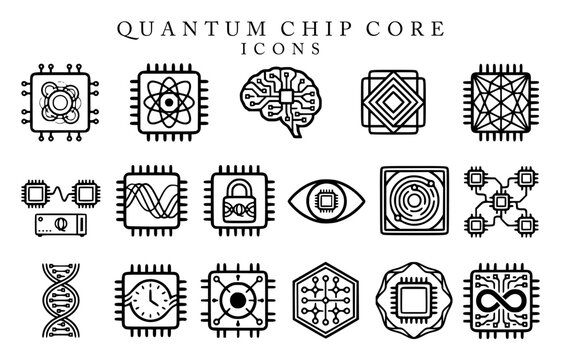 Set of line icon symbols featuring quantum chip core elements, artificial intelligence brain circuit, security lock, processor, microchip technology, and futuristic advanced science concept.