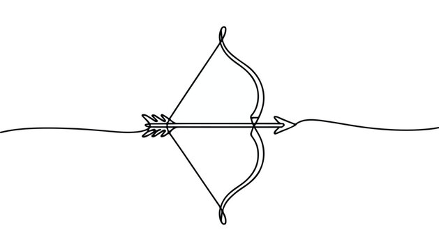 One continuous line illustration of an bow and arrow , isolated on white background.