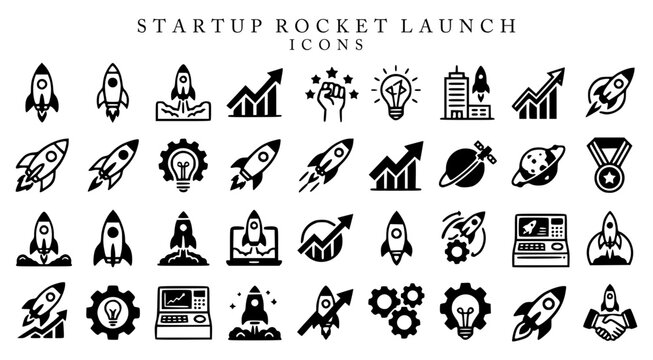 Vector icon collection featuring startup rocket launch, business growth chart, innovation idea bulb, space mission, achievement medal, laptop startup, gear mechanism, and success concepts.