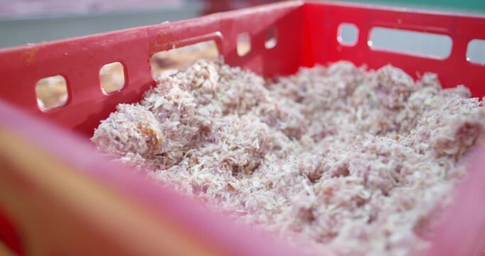 Hands mixing fresh sausage meat in a red plastic crate at a butcher workshop