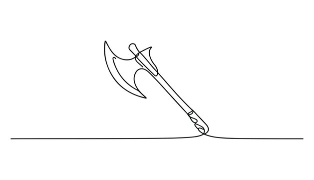 One continuous line illustration of an axe , isolated on white background.