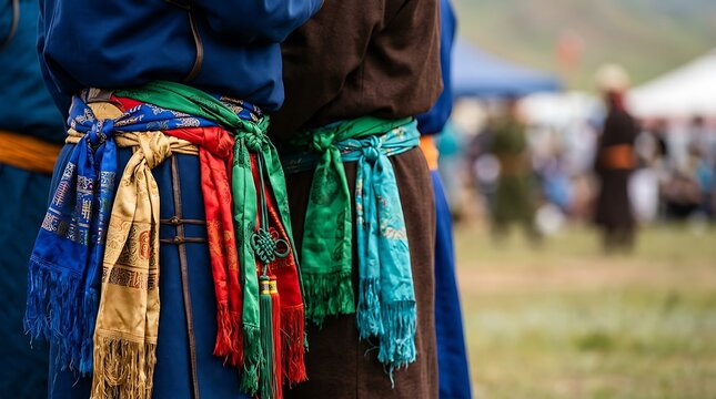 Traditional mongolian deel with colorful silk sashes at a festival