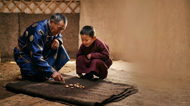 Mongolian man and boy playing a traditional game in a yurt