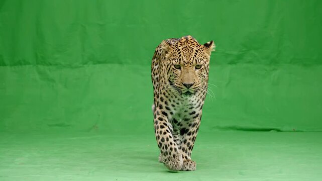 A majestic leopard walking forward against a green screen background.