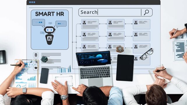 This image showcases a modern workplace setup featuring AI-driven HR solutions, emphasizing collaboration, productivity, and innovative technology in employee management tasks. Raster