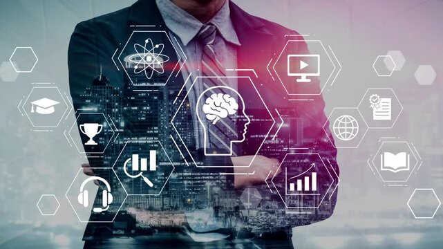 Business professional with arms crossed stands against a backdrop of technology icons representing innovation, data analysis, and creative thinking solutions Gluon.