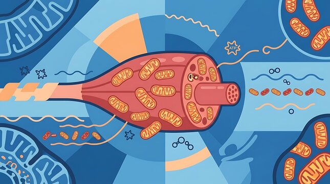 Stylized illustration showing cellular mitochondria and energy flow