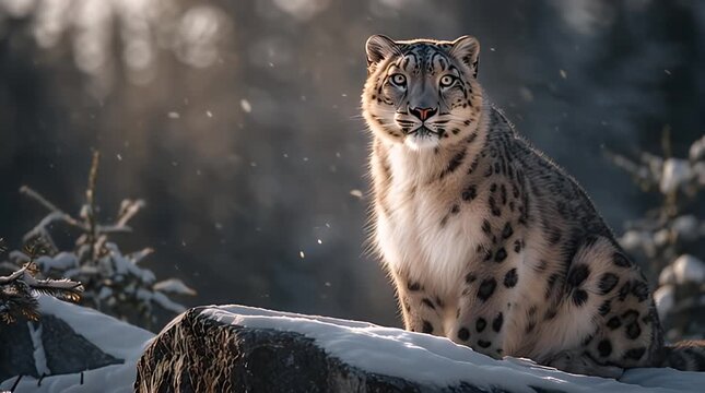 Close-Up of Snow Leopard Face and Fur Illuminated by Soft Golden Light
