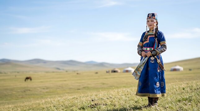 Woman in traditional mongolian dress standing on the grassy steppe