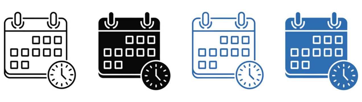 Calendar Clock Icon Set, Time, Schedule, Appointment, and Planner Symbols in Outline and Solid Styles, Vector, Designs