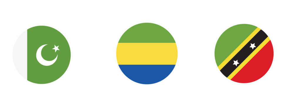 Pakistan gabon and saint kitts and nevis circular national flags
