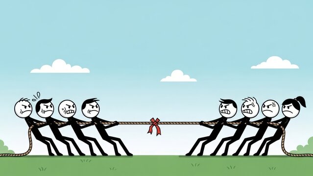 Teamwork Tug of War Competition - Two Groups Pulling Rope