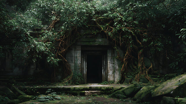 Ancient stone structure covered in jungle vines and dense foliage
