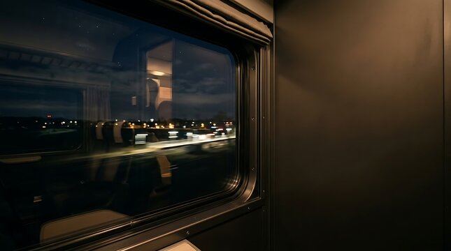 Night train window view with city lights motion blur