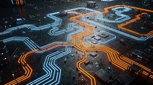 A futuristic, illuminated circuit board with intricate pathways in white and orange glowing lines representing advanced technology.