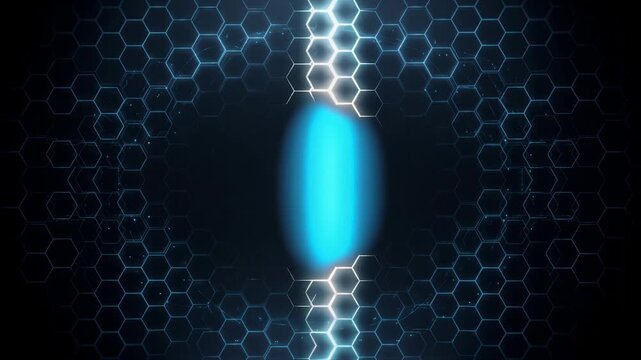 暗い背景で左から右へ光が移動する青い六角形グリッド、中央にコピースペースのあるサイバー背景