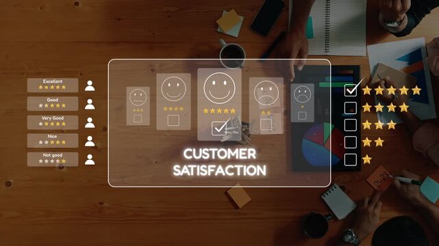 Aerial view of a wooden table with customer satisfaction analysis. Smiley faces and ratings assess user experience, coffee, and notes create a collaborative atmosphere. Raster